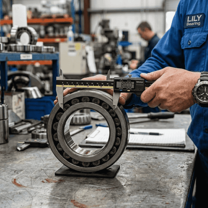 LILY Bearing技术人员使用数显卡尺对工业轴承进行质量检测