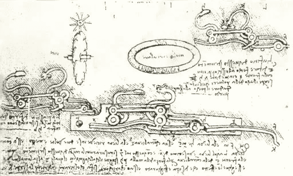 Leonardo da Vinci original sketch of firearm spring firing mechanism Codex Atlanticus 1493