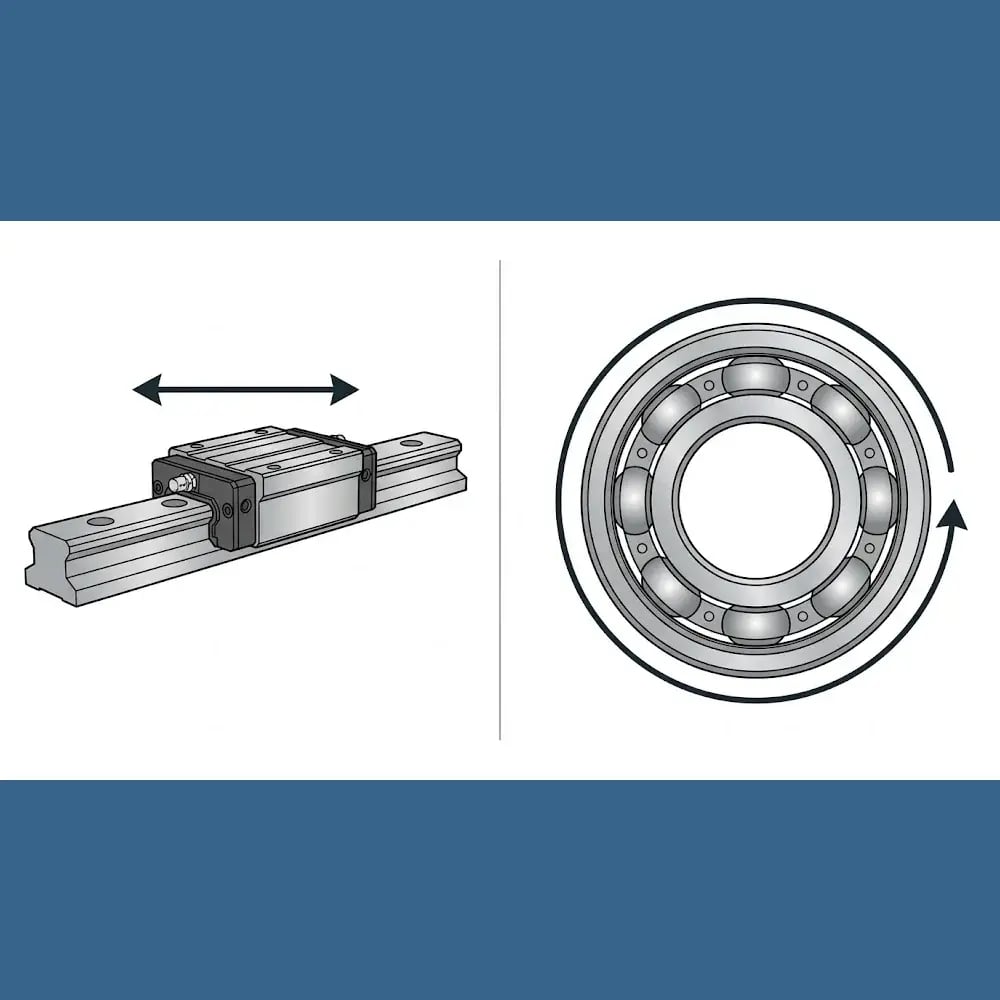 Linear bearing carriage translating along a rail (left) vs rotary ball bearing spinning in place (right) — illustrating the fundamental difference in motion type