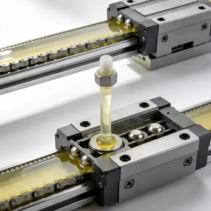Linear guide rail carriage with grease nipple lubrication fitting — regular relubrication is critical for linear bearing service life