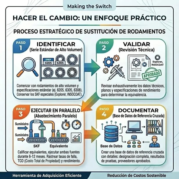 Proceso de 4 pasos para cambiar a equivalentes de rodamientos SKF: identificar, validar, ejecutar en paralelo y documentar