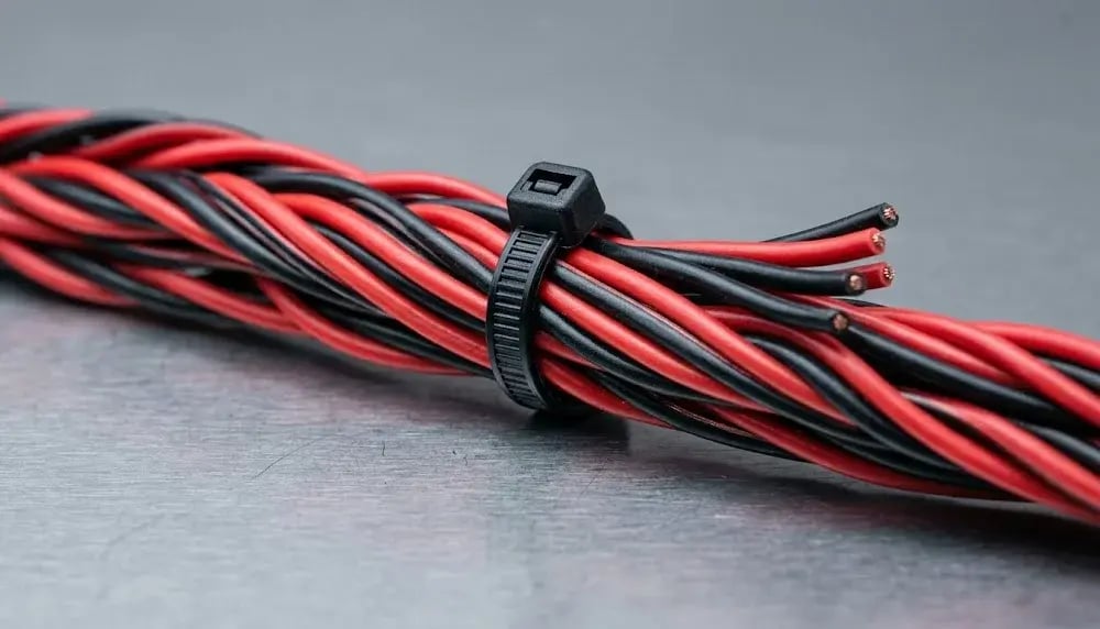 Red and black DC power cables bundled together with a cable tie, showing positive and negative wiring for a DC gear motor system