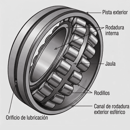Rodamiento de rodillos esférico con componentes etiquetados