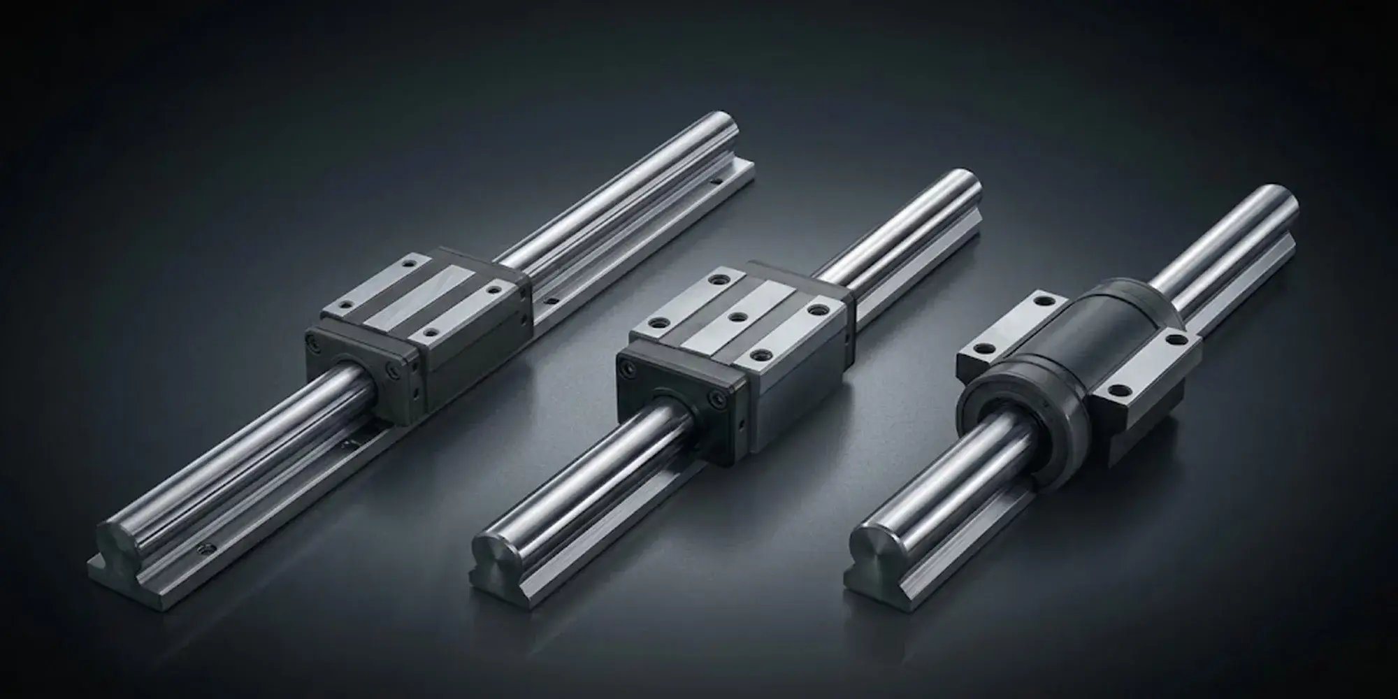 Round-shaft linear bearings and SBR rail systems side by side, showing two carriage types on supported round rails
