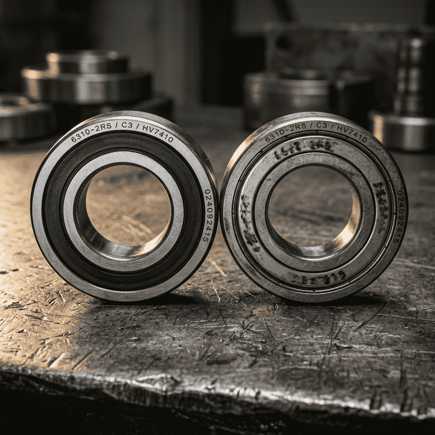 正品轴承（左）与仿冒轴承（右）对比——标记模糊、表面处理粗糙