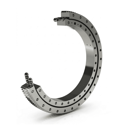 Single-row four-point contact ball slewing bearing for wind turbine yaw system — showing internal gear teeth and ball rolling elements