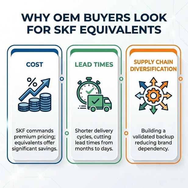 Three reasons OEM buyers source SKF bearing equivalents: cost savings, shorter lead times, and supply chain diversification