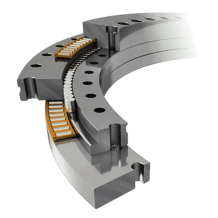 Three-row roller slewing bearing cross-section showing three separate rows of cylindrical rollers for maximum load capacity in large wind turbine main shaft applications