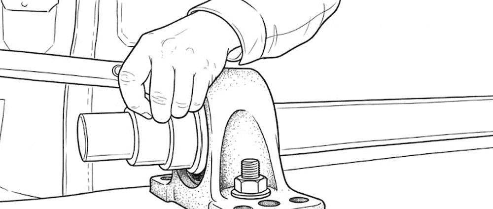 Tightening collar set screws on a pillow block bearing to lock the shaft in position