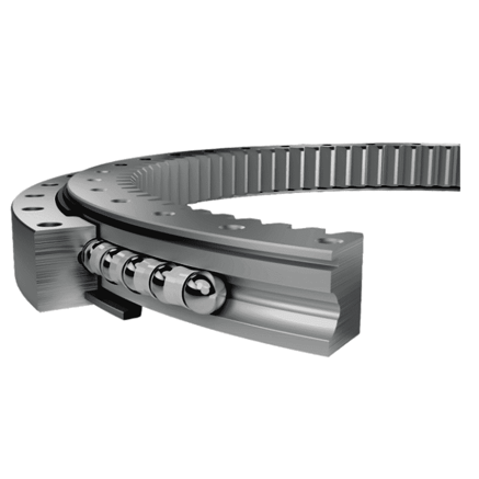 Wind turbine pitch bearing cutaway showing four-point contact ball rolling elements and external gear teeth for blade pitch control