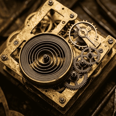 antique clock mechanism showing coiled mainspring and gear train 15th century spring-powered timepiece