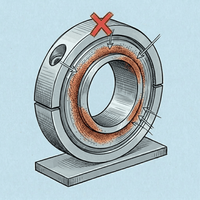 bearing housing bore showing fretting corrosion orange brown iron oxide powder indicating failed press fit from ring creep