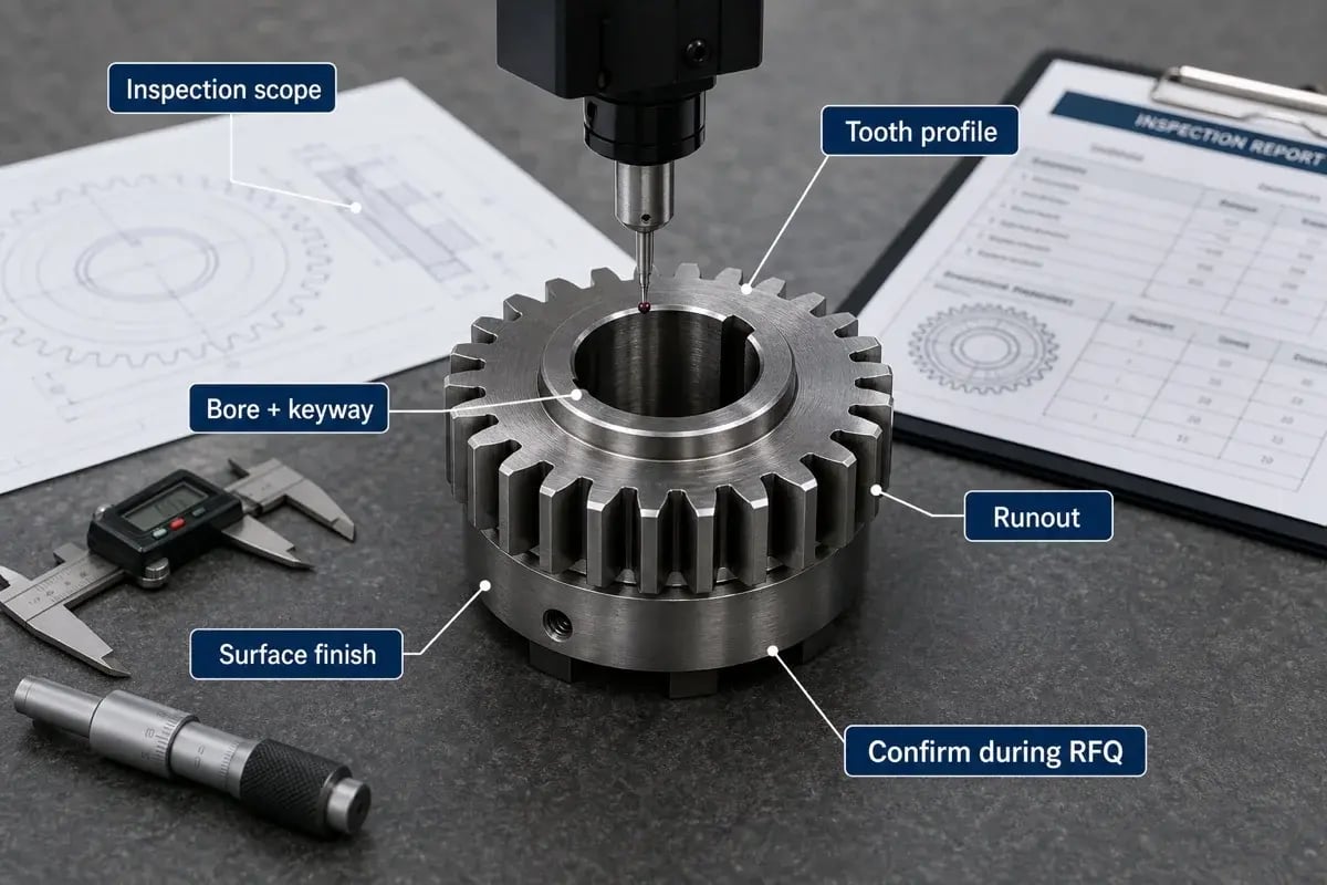 Custom gear inspection scope showing tooth profile, bore and keyway, runout, and surface finish checks confirmed during RFQ