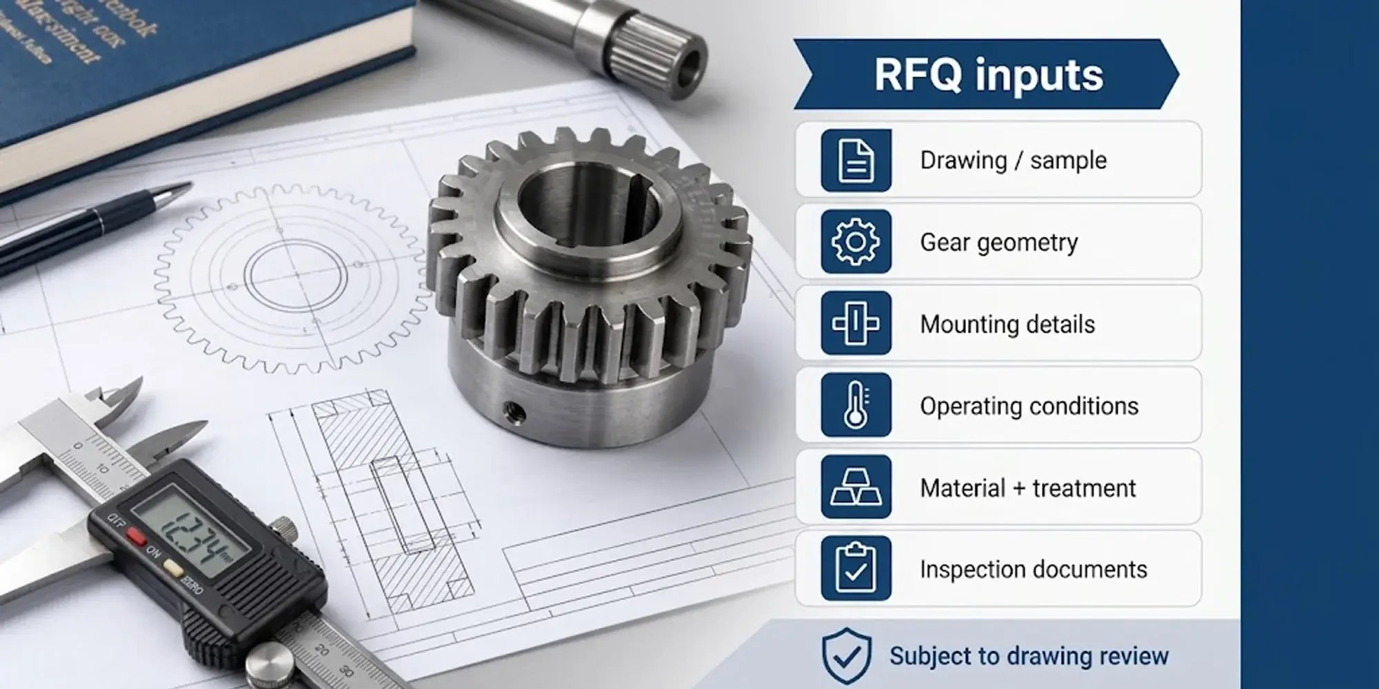 Custom gear RFQ inputs for OEM buyers including drawing, gear geometry, mounting details, operating conditions, material, and inspection documents