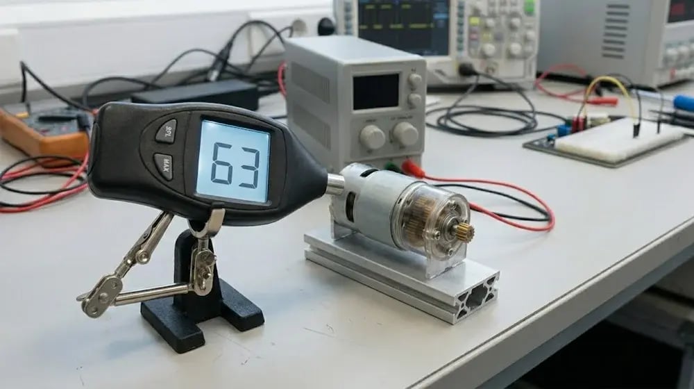 Sound level meter reading 63 dB next to a running DC gear motor in a laboratory setting