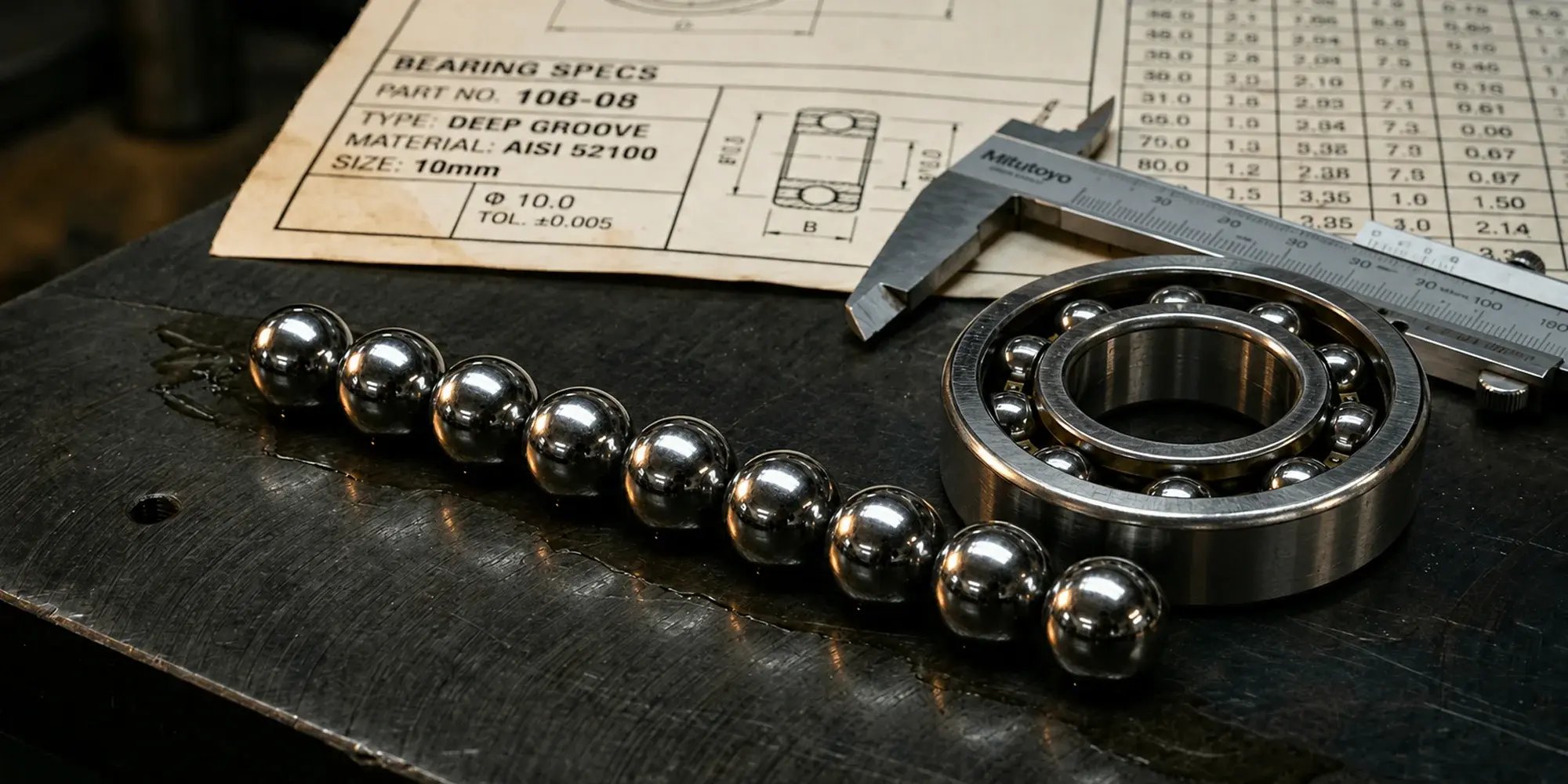 Deep groove ball bearing, loose steel balls, Mitutoyo caliper, and bearing spec sheet on a steel workbench