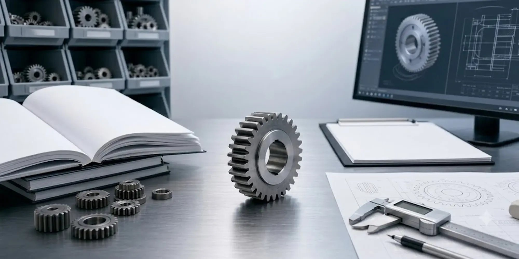 Precision gears, calipers, engineering drawings, and a CAD display on a machinist's workbench, representing OEM custom gear manufacturing