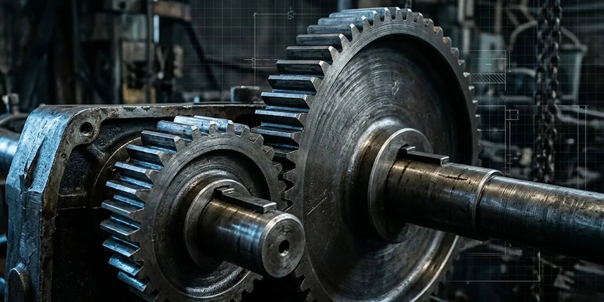 Interlocking steel spur gears of different sizes inside an industrial gearbox, illustrating gear ratio principles