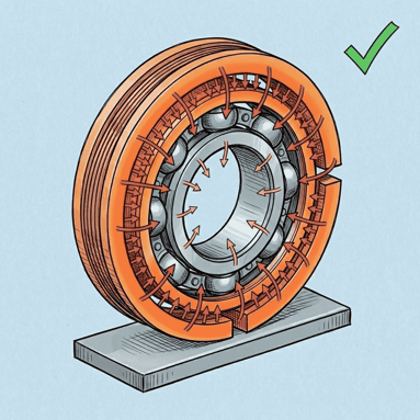 感应加热器轴承热装示意图,显示热量从外圈向内圈传导的温度梯度,红色箭头由密至疏表达热传导方向