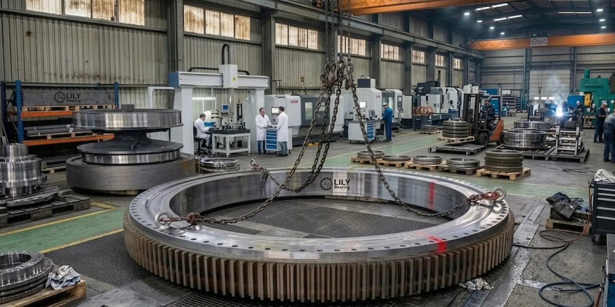Large slewing bearing being lifted by chains in the LILY Bearing  manufacturing workshop, with CNC machines and technicians in the background.