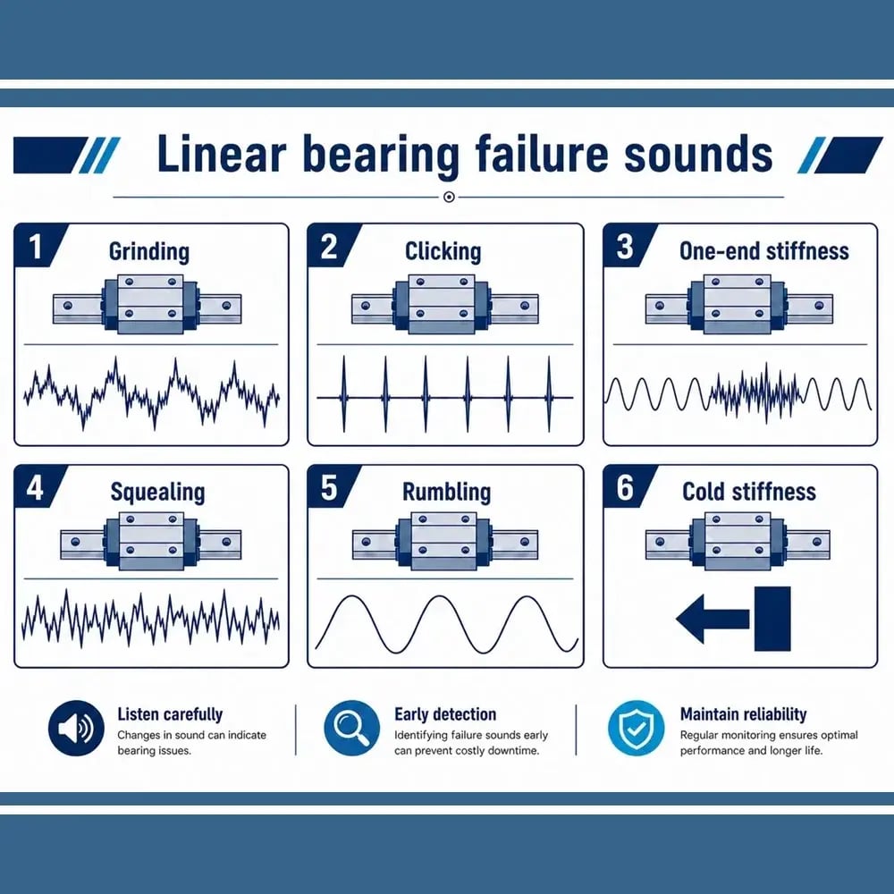 Six linear bearing failure sound patterns: grinding, clicking, one-end stiffness, squealing, rumbling, and cold stiffness with waveform illustrations