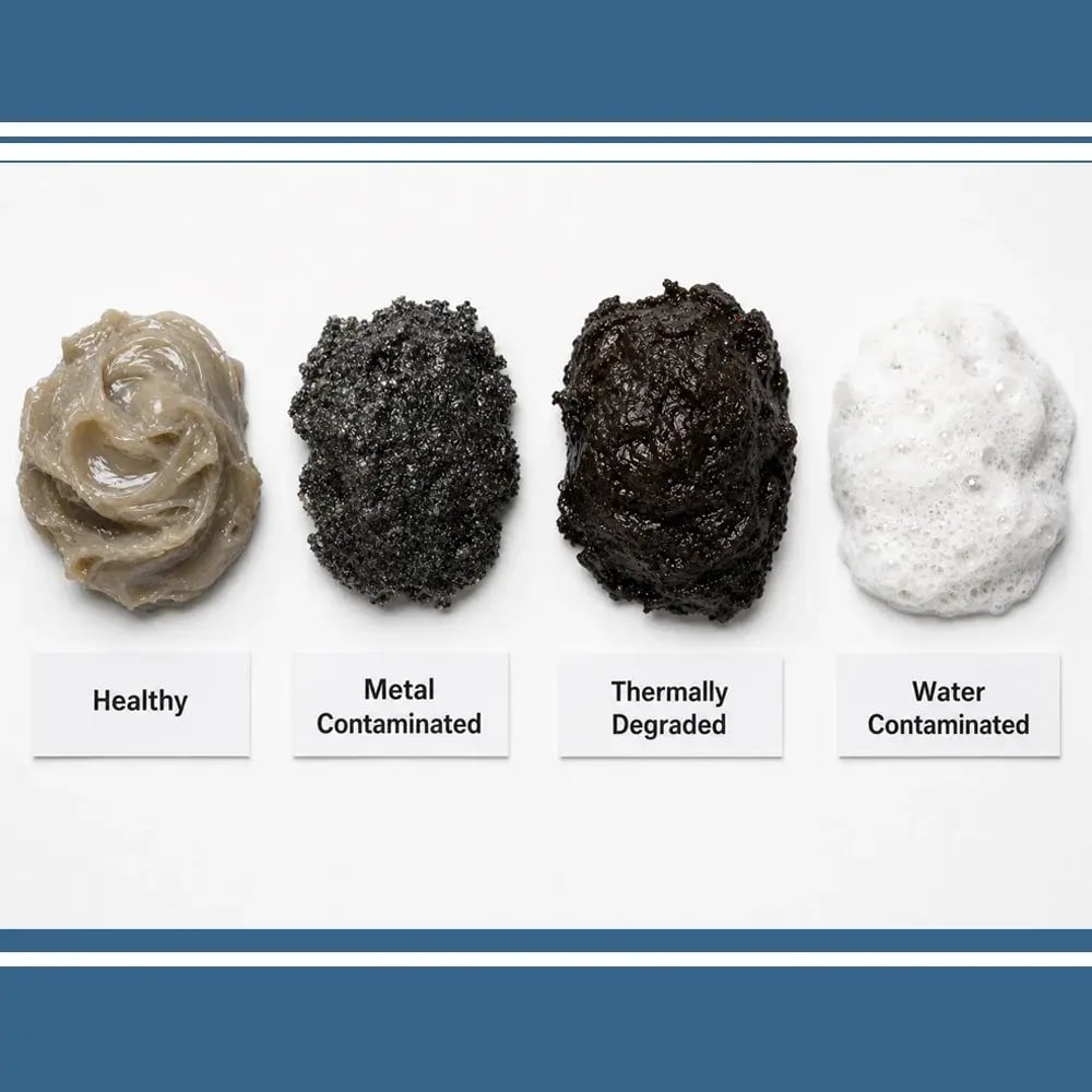 Four bearing grease conditions side by side: healthy, metal contaminated, thermally degraded, and water contaminated