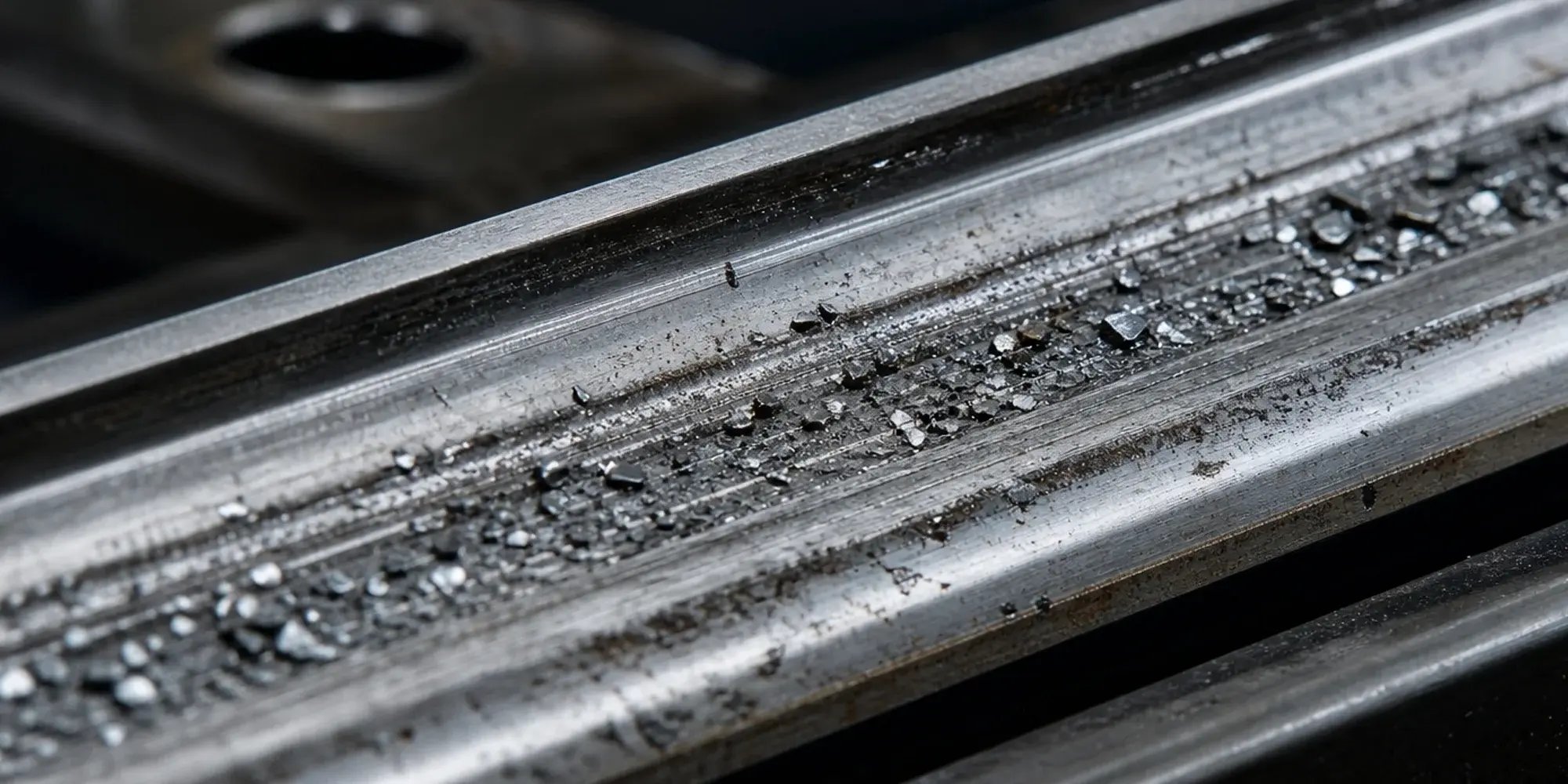 Scored linear bearing rail showing metallic debris and contamination damage on the raceway