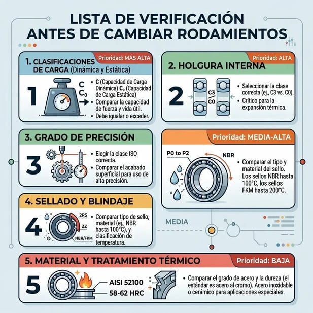 Lista de verificación de 5 puntos antes de cambiar a equivalentes de rodamientos SKF: clasificaciones de carga, holgura interna, grado de precisión, sellado y material