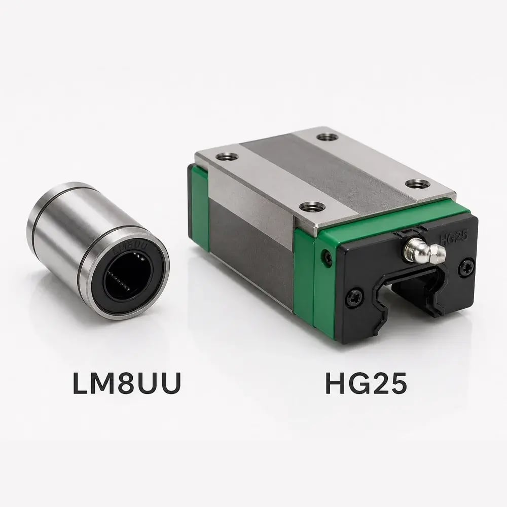 LM8UU round shaft linear bearing bushing compared to HG25 profiled rail carriage block side by side