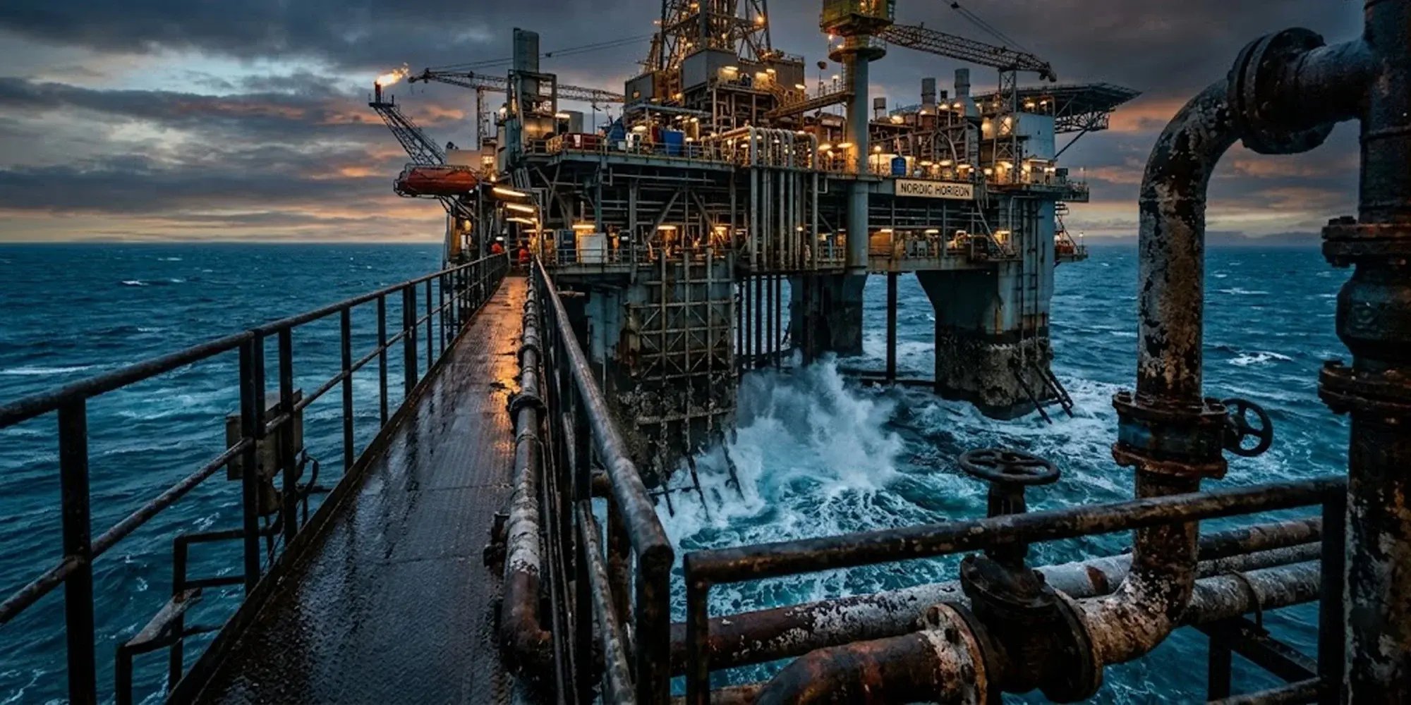 Corroded pipework and heavy seas on an offshore oil platform — illustrating the marine corrosion challenges that bearing selection must address
