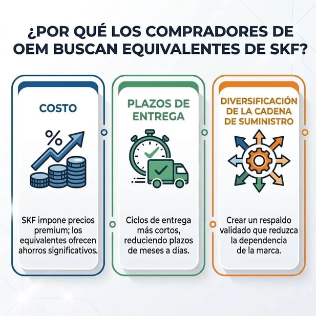 Tres razones por las que los compradores OEM buscan equivalentes de rodamientos SKF: costo, plazos de entrega y diversificación de la cadena de suministro