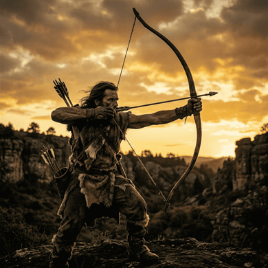 prehistoric archer drawing longbow — earliest known spring application