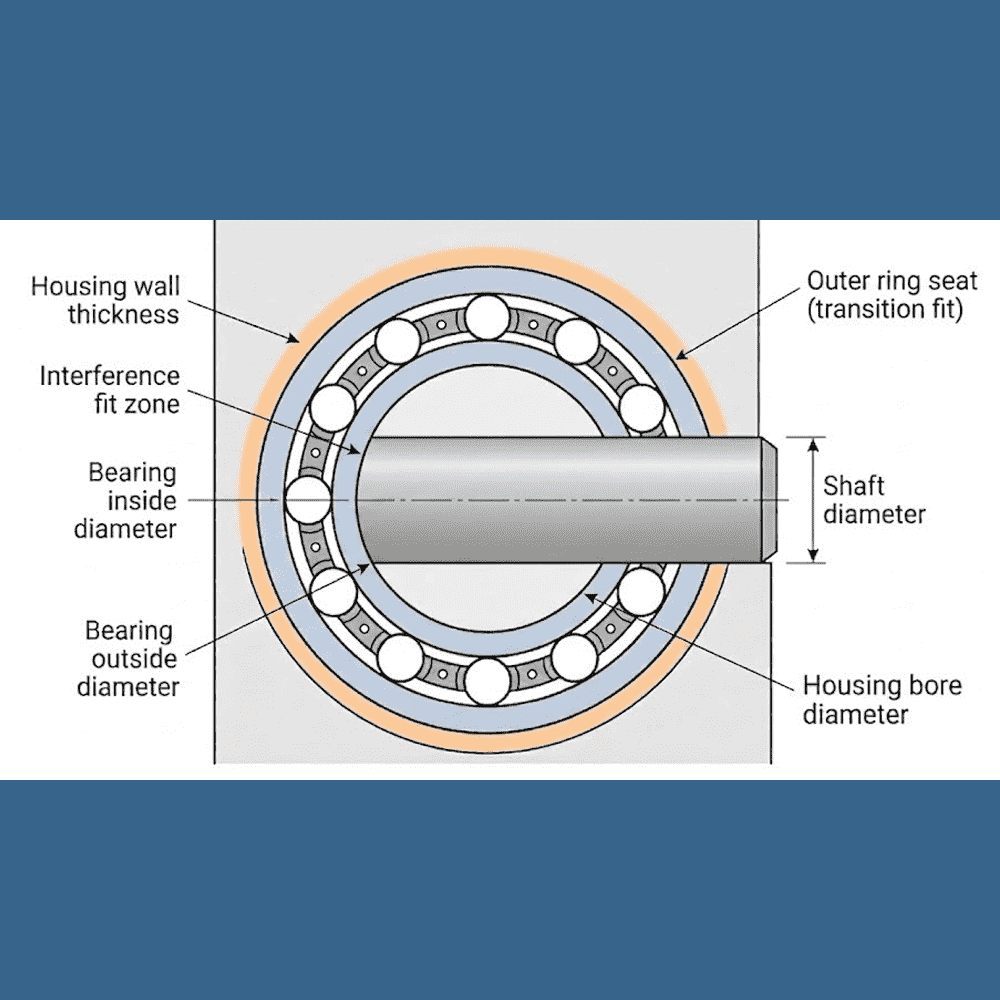 press fit bearing diagram showing interference fit zone, bearing inside diameter, outside diameter, shaft diameter, and housing bore diameter