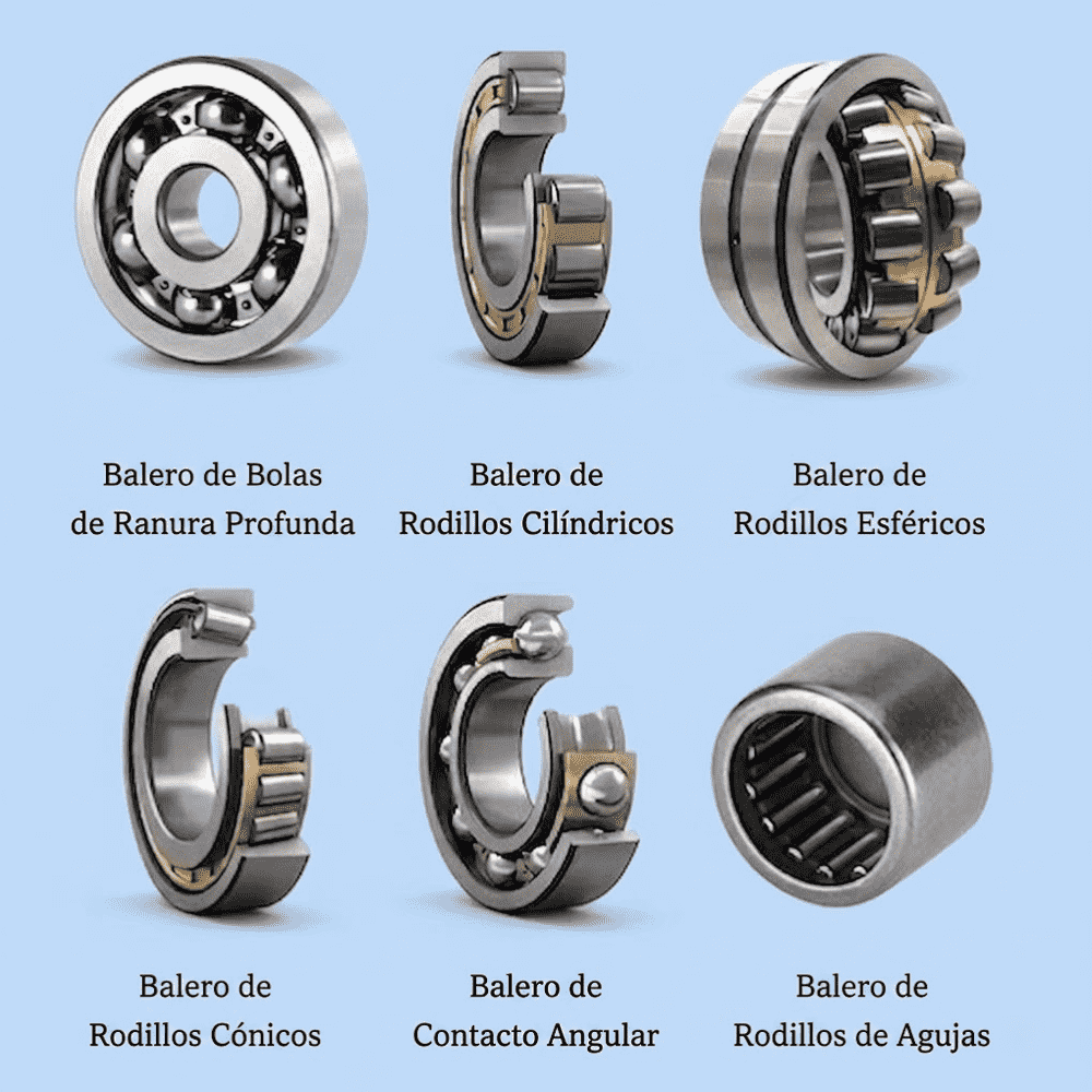 seis tipos de rodamientos para aplicaciones de ajuste a presión incluyendo rodamiento de ranura profunda rodamiento de rodillos cilíndricos rodamiento de rodillos esféricos rodamiento de rodillos cónicos rodamiento de contacto angular y rodamiento de agujas