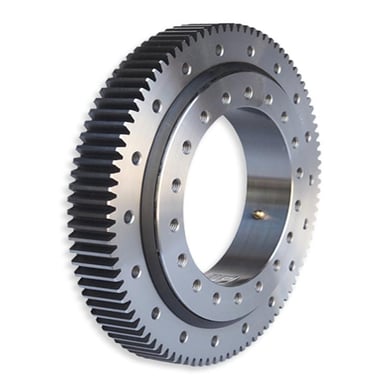 Cross-section of a slewing bearing showing inner ring, outer ring, rolling elements, and integrated gear