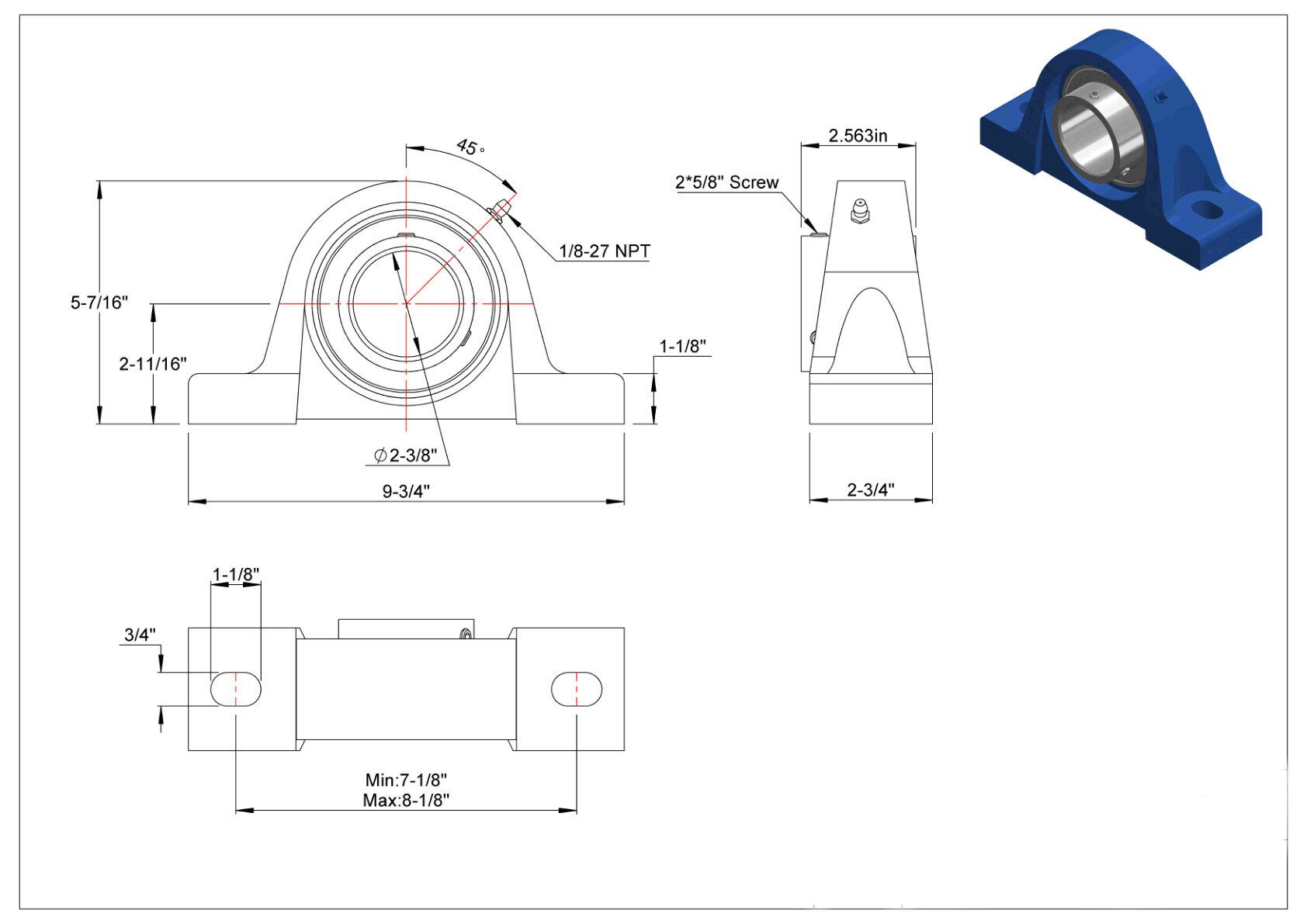 1-1/8" Take Up Bearing (Wide Slot) – UCST206-18, New