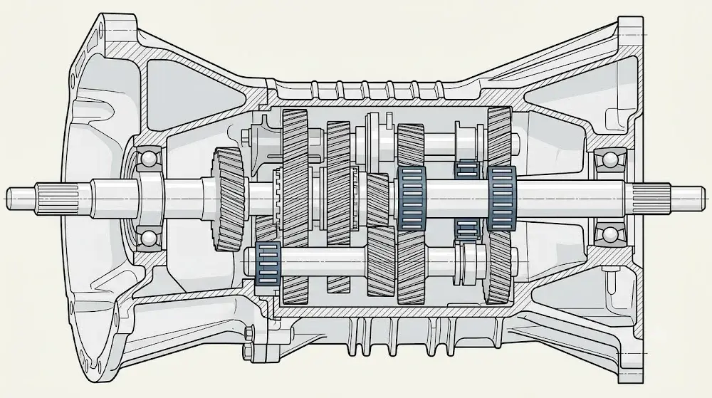 Cutaway diagram of an automotive gearbox with needle roller bearings installed on gear shafts